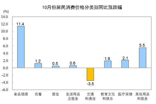 国家统计局：10月份全国居民消费价格同比上涨3.8%