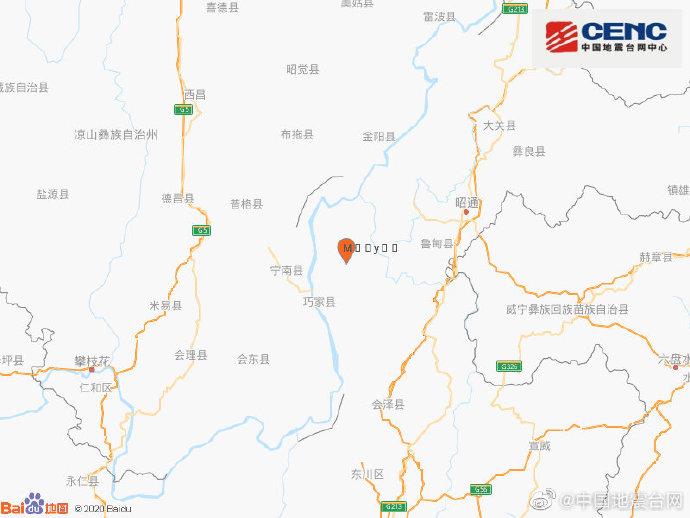 云南昭通市巧家县发生3.8级地震震源深度8千米