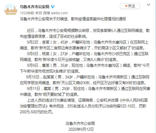 5人通过互联网编造、散布疫情谣言乌鲁木齐警方通报