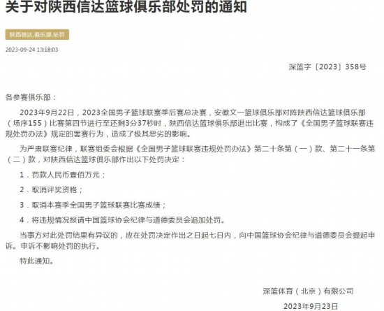 陕西信达被NBL联赛组委会认定罢赛 罚款100万元取消本赛季成绩